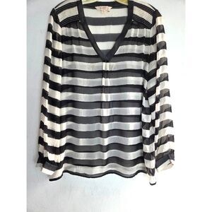 Brooks Brothers Beige Black Stripe V-Neck Semi Sheer 100% Silk Blouse size 10